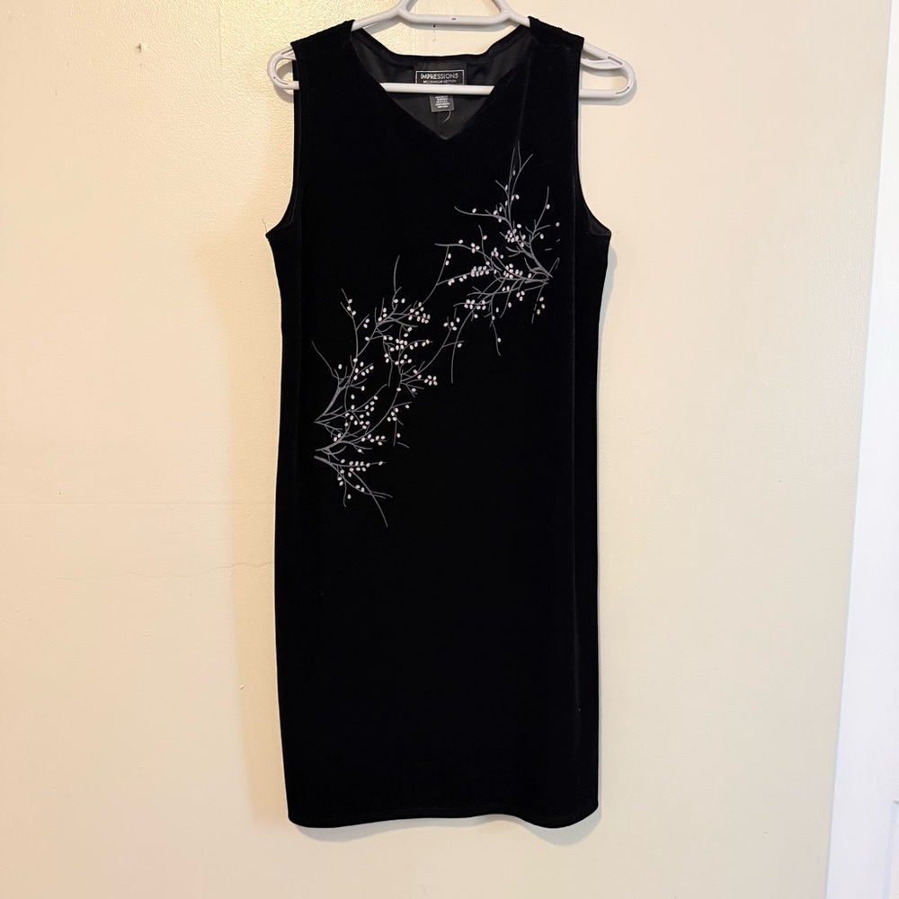 Impressions Black Mini Dress with Silver Floral Design